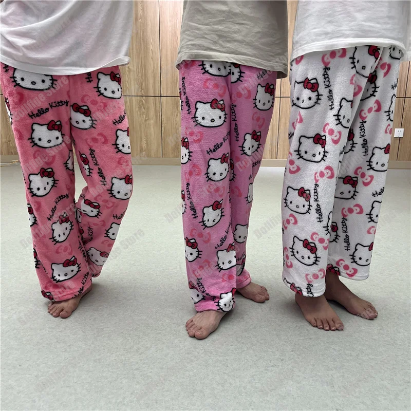 2023 Sanrio Hello Kitty Pajamas Halloween Flannel Fashion Trouserswomen Kawaii Woolen Anime Cartoon Casual Home Pants Autumn