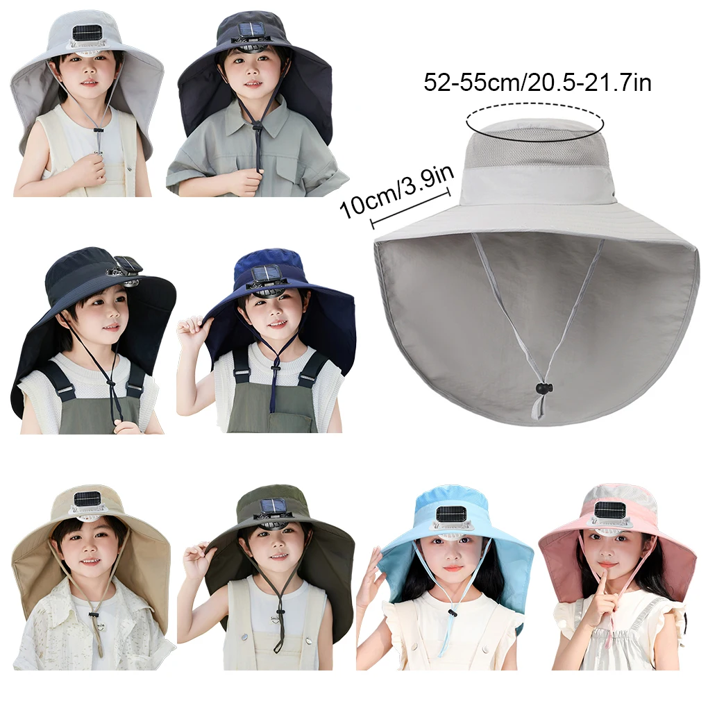 Summer Children Solar Fan Outdoor Fishing Hat Fan USB Solar Charging Big Wind Big Rim Sunblock Hat Visor Fisherman Hat Quick Dry