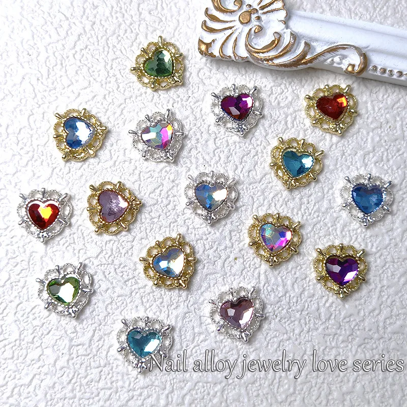 

10pcs/lot New Product Nail Alloy Jewelry 3D Illusionary Peach Heart Series Gold and Silver Hollow Love Net Red Nail Decoration