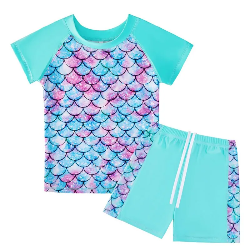 Girls Swimsuit 2PCS Fashion Swimming T-shirts Shorts Sets for Kids Girls Summer Cooling UV Protection Short Sleeves Top Shorts Set for Children