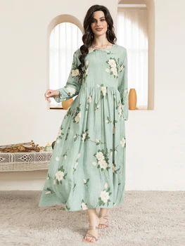 Casual Round Neck Floral Print Wrinkle Spliced Long Dress Mint Green, Women's Stylish Regular Sleeve Spring Fashion 1