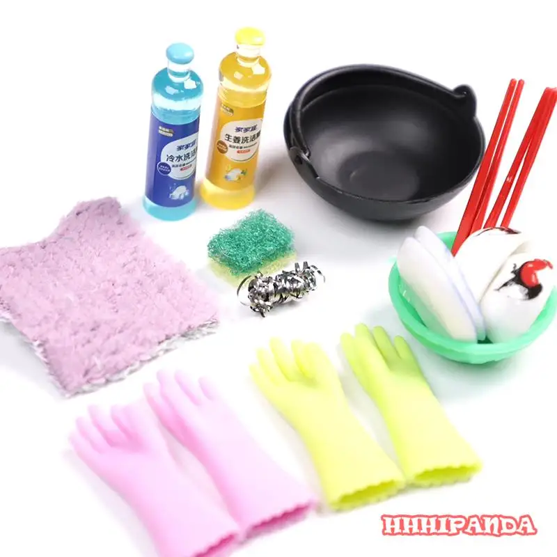 

1Set 1:12 Dollhouse Miniature Gloves Dish Soap Rag Chopsticks Bowl Kitchen Dishwashing Cleaning Model Decor Kid Pretend Play Toy