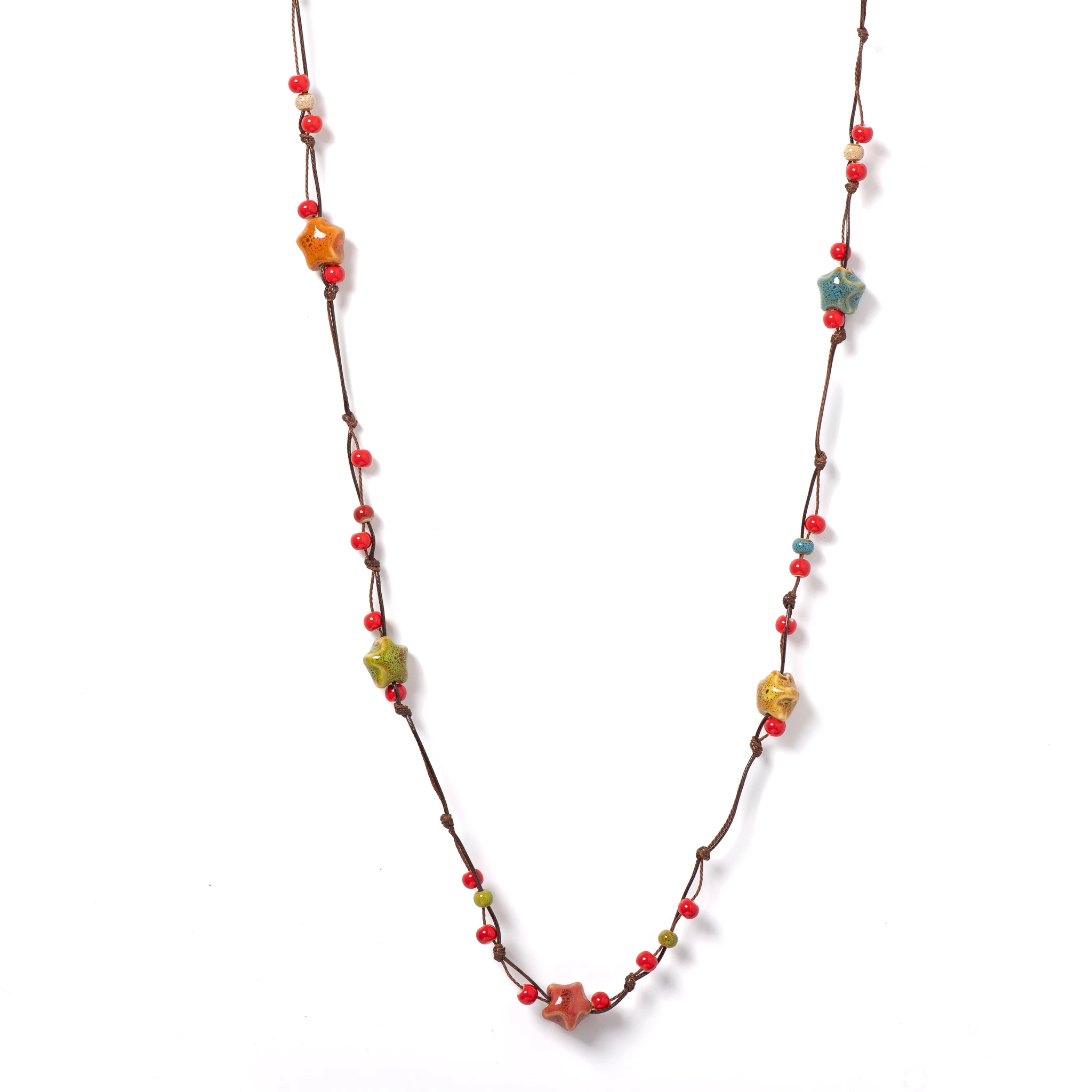 Handcrafted Bohemian Ceramic Necklace with Adjustable Wax Cord