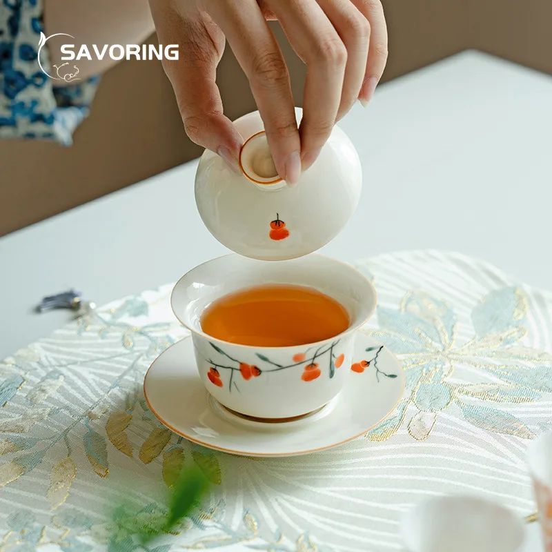 Hand Painted Persimmon Gaiwan 120ml Chinese Ceramic Cover Bowl Tea Cup Handmade Tea Bowl Puer Maker Gaivan Drinking For