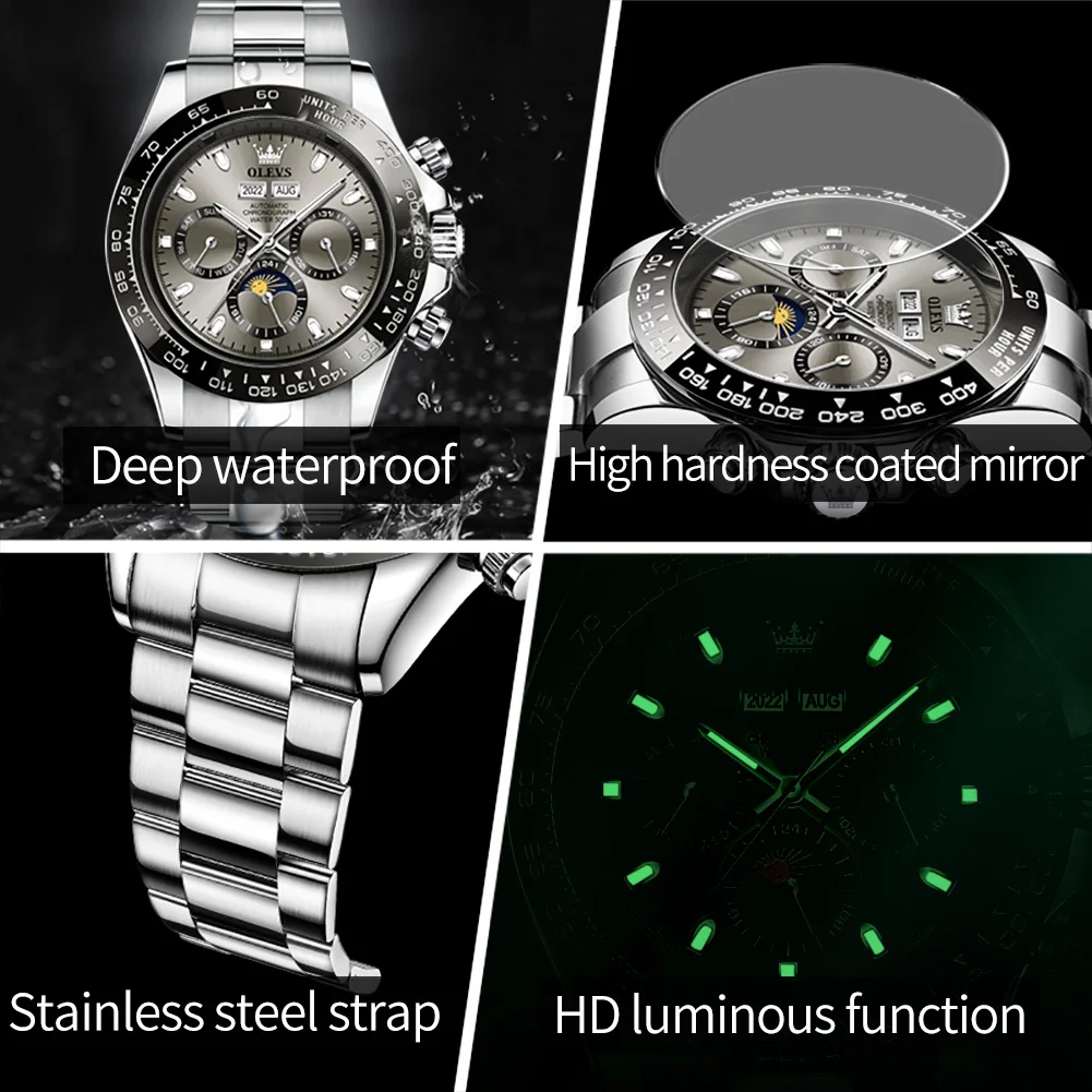 OLEVS Automatic Mechanical Watches for Men Stainless Steel Strap Luxury Brand Luminous Waterproof High Quality Man Wrist Watch