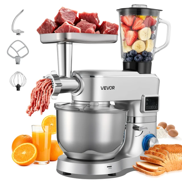 SucceBuy Batteur sur socle électrique de cuisine 5,7/6/7,8 L 1500 W, pétrin, 6+ vitesses, batteur culinaire à tête inclinable avec gobelet mélangeur de 1,5 L 1