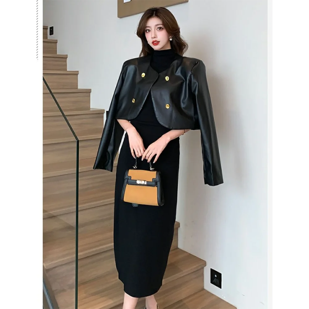 2024 Spring Autumn New Retro O-Neck Loose Short PU Leather Coat Jacket + Slim High Neck Long Dress 2PCS Women Dresses Suits 2PCS 2