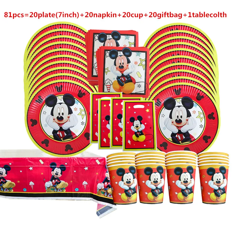 1Set Red Mickey Mouse Theme Disposable Paper Cups Plates Flexible Straws Baby Shower Kid Birthday Napkin Decoration Supplies 