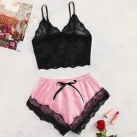 Pyjama Sexy en Dentelle Transparente pour Femme, Noir, Rose, Vêtements Mignons, Confortable, Respirant, Ensemble Short à Bretelles, Nouvelle Collection Été 2025, 2 Pièces 1