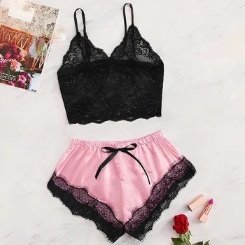 2025 Summer 2 Pcs Women's New Sexy Lace See-Through Pajamas Black Pink Cute Clothes Comfortable Breathable Suspender Shorts Set 1