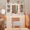 Cabinets Makeup Vanity Table Vanity Desk with Mirror and Lights, White Vanity Mirror with Lights Desk and Chair &7 Drawers 1