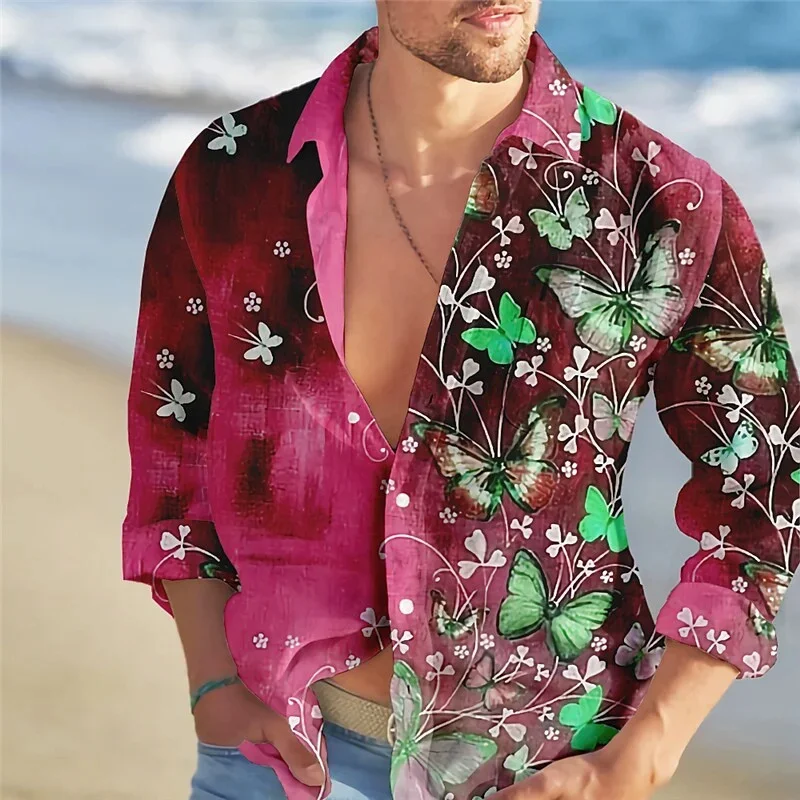 2023 Men's Long Sleeve Shirt Fashion Trend Butterfly Colorful Flower Pattern HD Graphics Casual Outdoor Street Men's Clothing