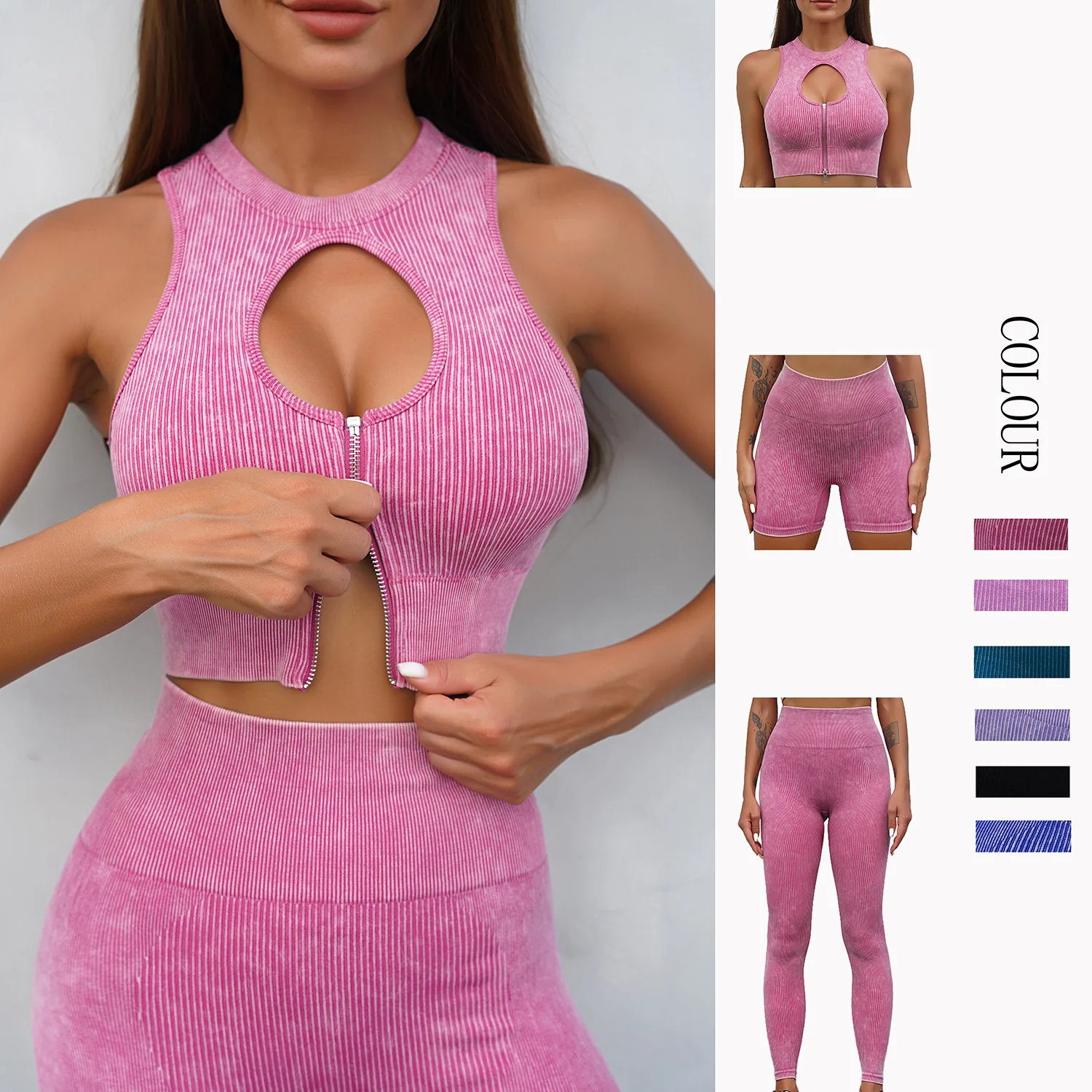 

Wash Ribbed Yoga Suit Seamless Gym Clothes Set Women Zip Front Sports Bra Butt Lift Fitness Leggings With Scrunch Workout Outfit