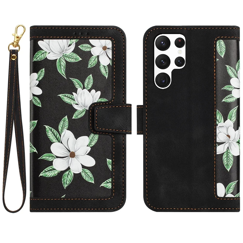 Elegant PU Leather Flip Wallet Case with Beautiful Floral Design and Convenient Wrist Strap