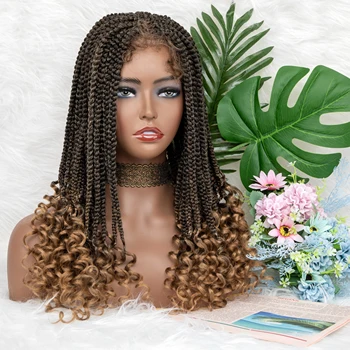 Synthetic Braided Wigs Lace Front Wigs Curly Ends Box Braided 4x4 Lace Wig with Baby Hair for Black Women Afro Wig 18 Inches