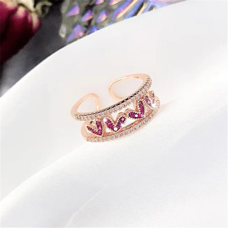 

Korean retro sweet opening adjustable ring heart-shaped full of diamonds 925 sterling silver jewelry niche Valentine's Day gift