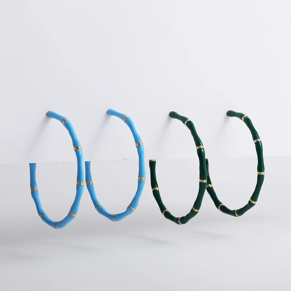 Charm Chic Oil Drip Enamel Bamboo Hoop Earrings for Women Blue Big Circle Huggie Ear Buckle Girl Minimalist Fashion Jewelry Gift