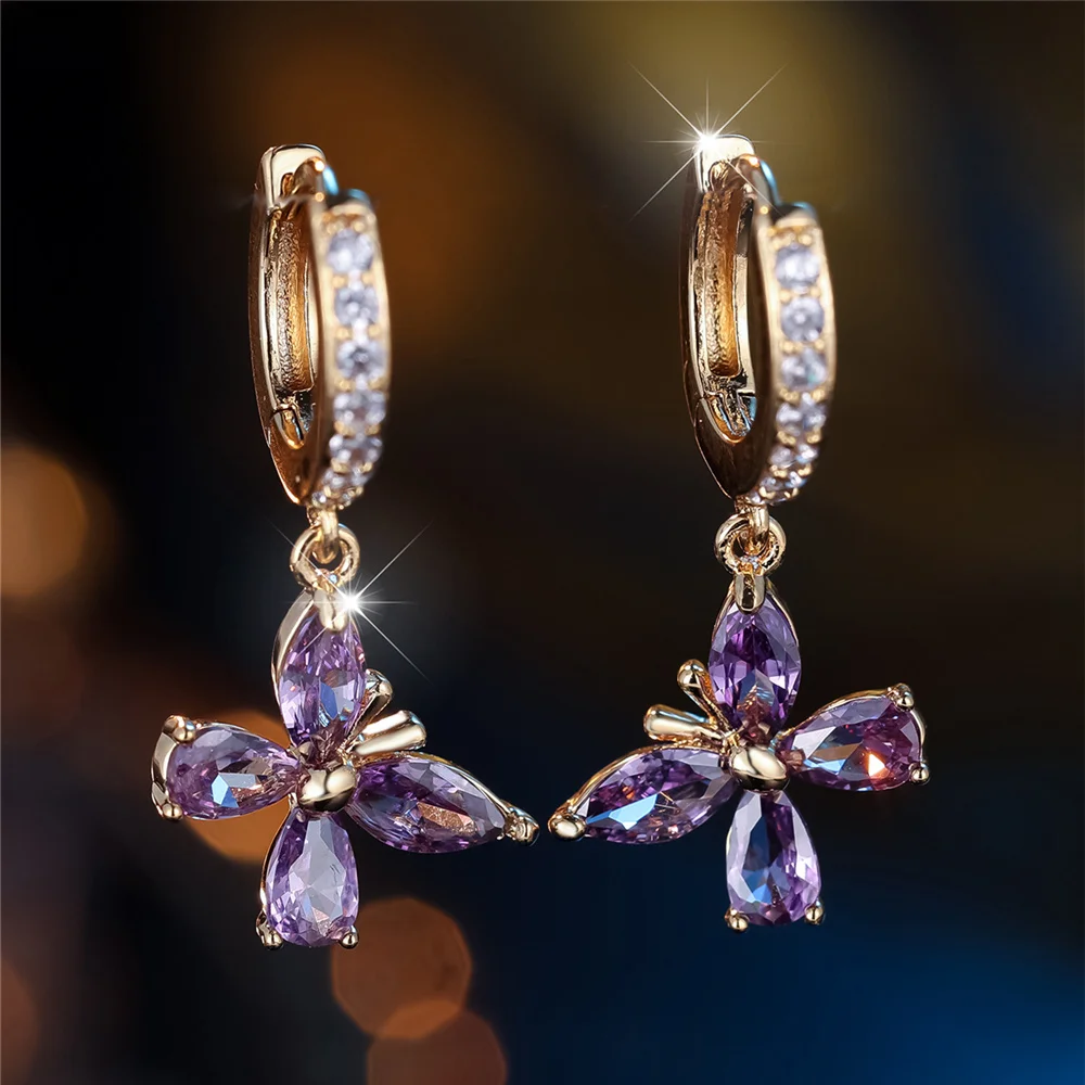 Trendy Crystal Purple Zircon Stone Cute Butterfly Hoop Earrings For Women Vintage Gold Color Wedding Jewelry
