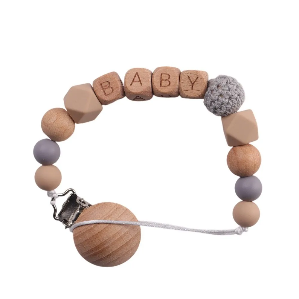 Personalized Name Baby Pacifier Clip with Wooden Alphabet Beads, Anti - Drop Soother Holder