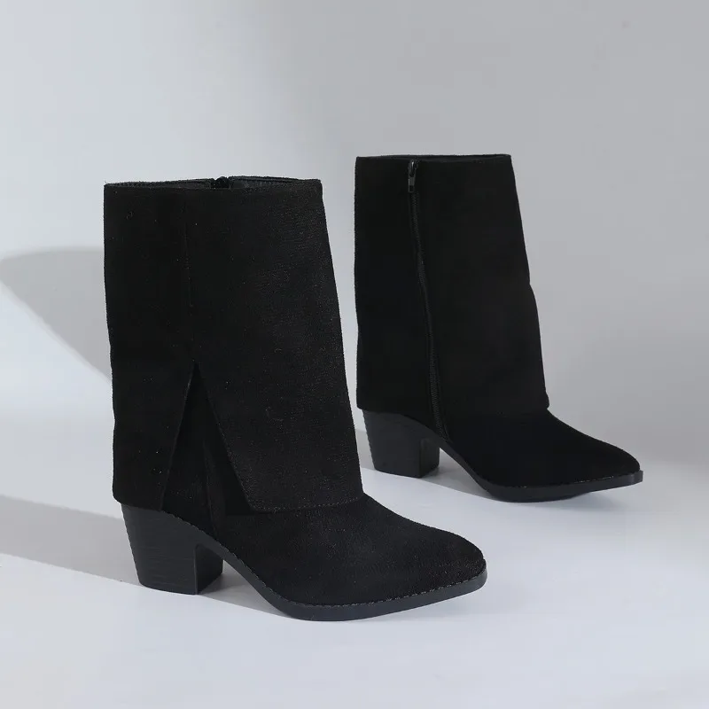 Women's Fashion Boots	Pointed Toe Rough Heel Side Zipper Short Boots Fashion Retro New Autumn and Winter Plus-size Trouser Boots