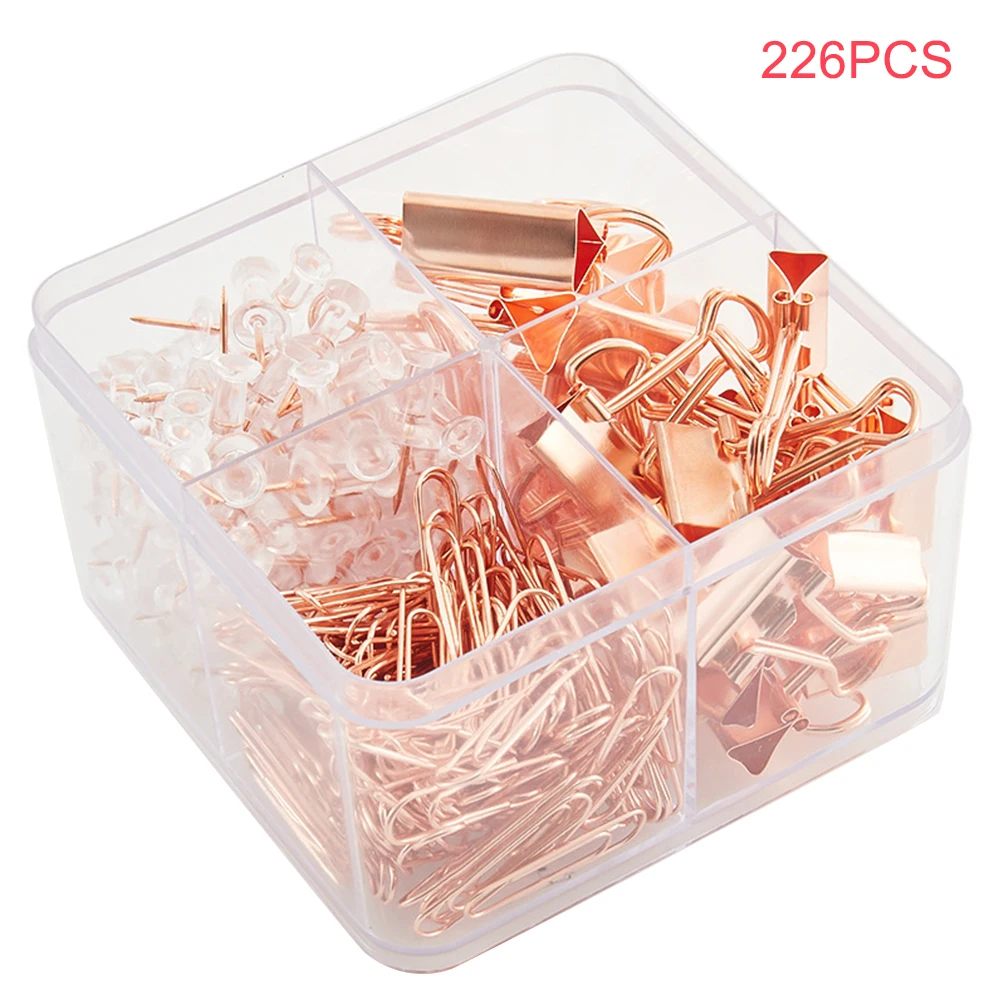 

226pcs Metal Office Supplies Paper Clips Set School Rose Gold Stationery Home Desktop Organizer With Storage Box Binder Clamps