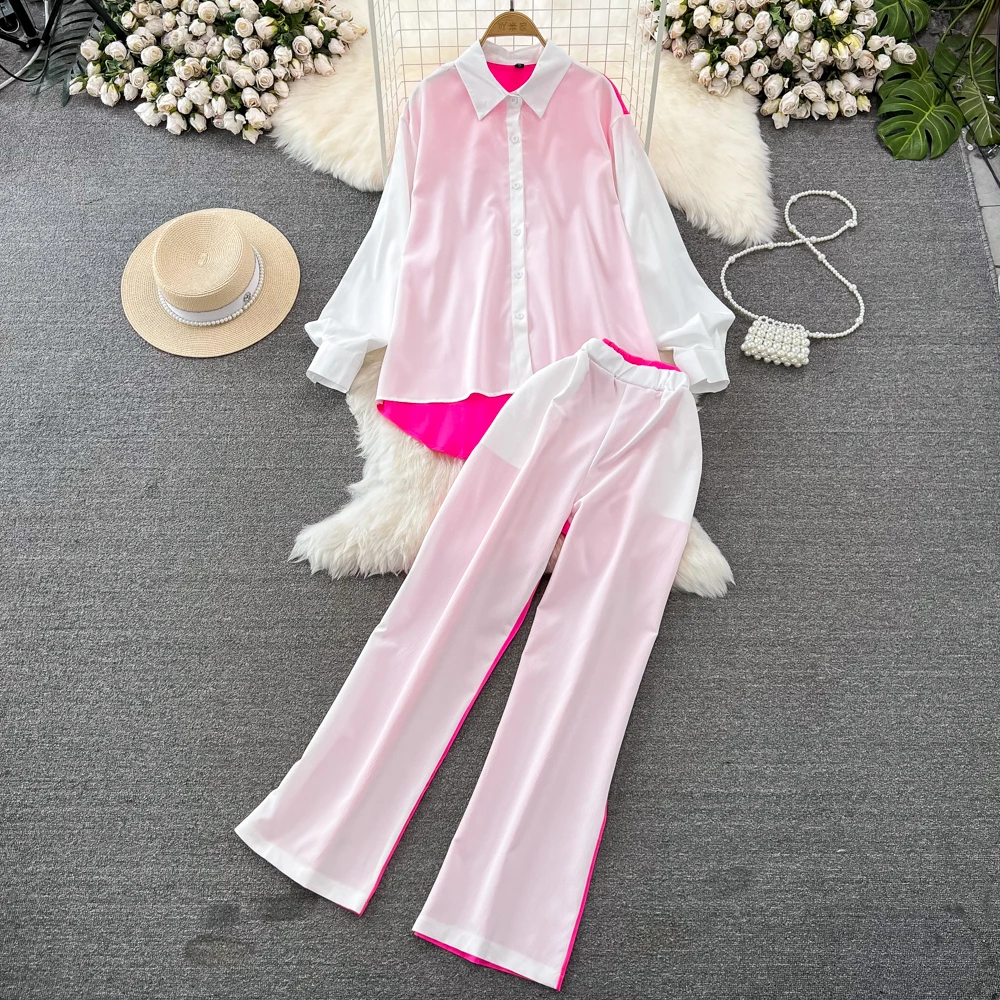 

VANOVICH Fashion Korean Style Loose Long-sleeved Contrast Color Single-breasted Shirt High Waist Wide-leg Pants Two-piece Set