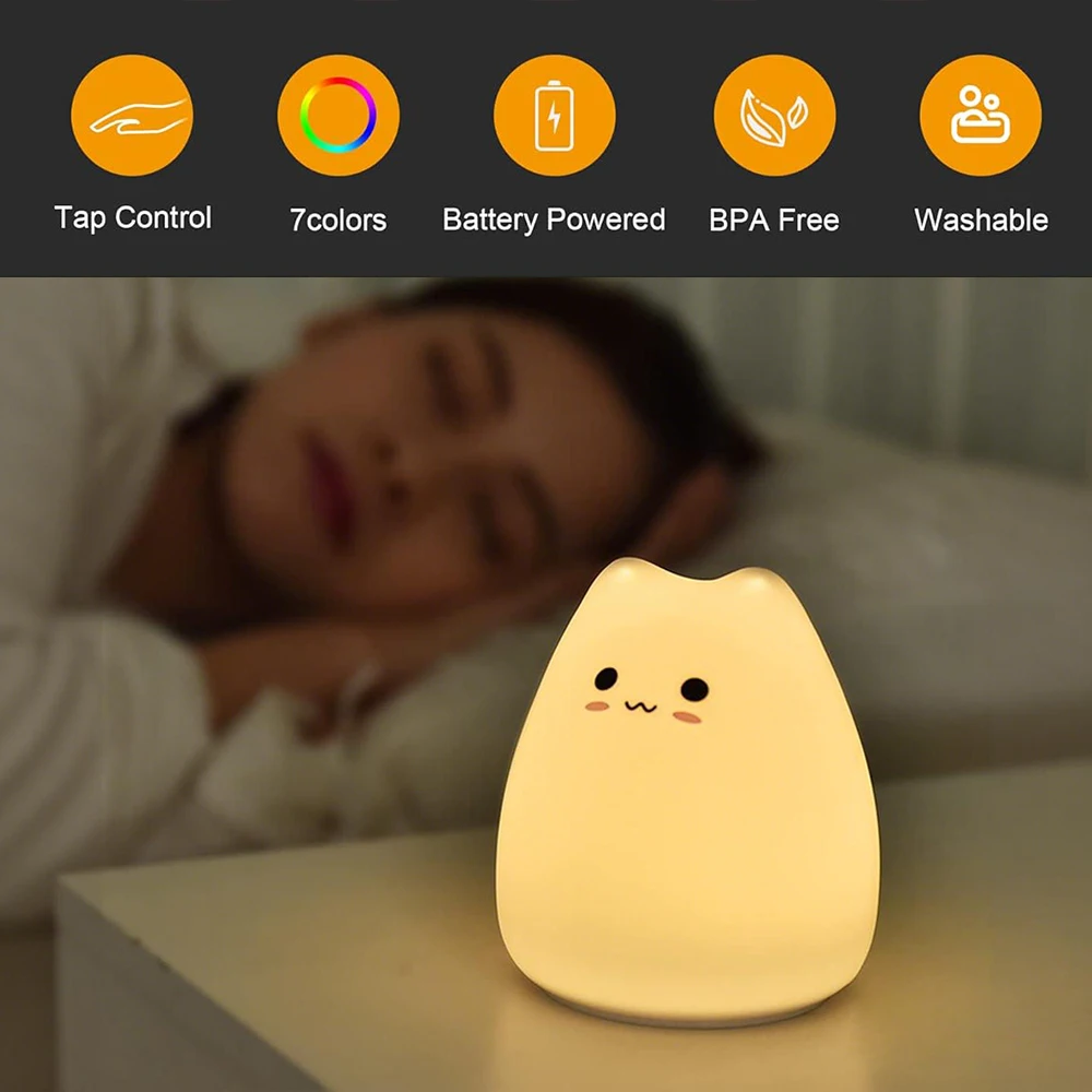 귀여운 고양이 모양 RGB 색상변환 수면등, 따뜻한 백색 및 7가지 색상 호흡 모드 포함, 아이들/들을 위한