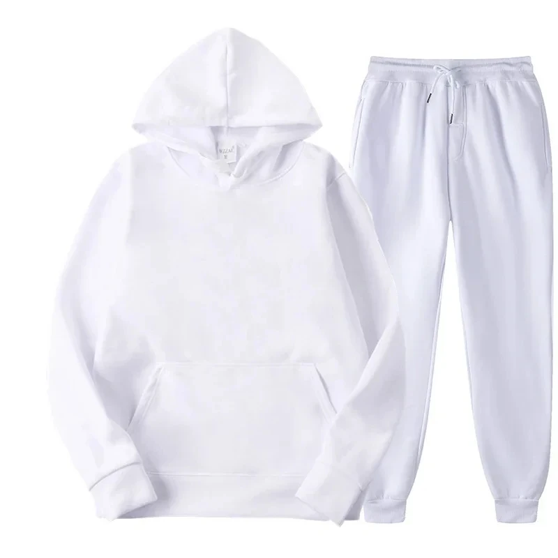 Woman wearing matching hoodie and sweatpants set in a cozy autumn outdoor setting white