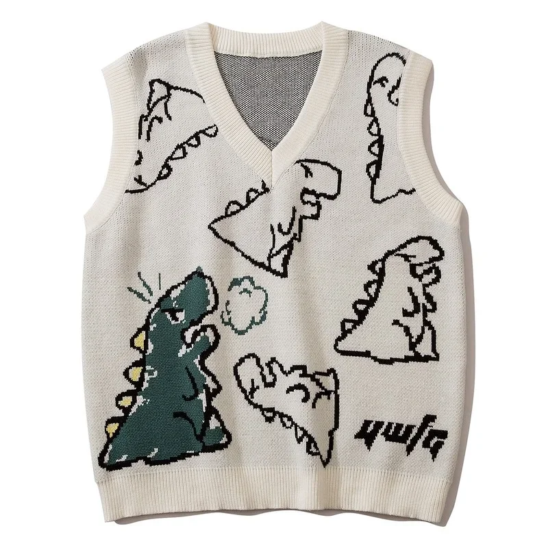Dinosaur Monster Knitted Sweater Vest Men Women Harajuku Cartoon Anime Vintage V-neck Street Hip Hop Sleeveless Pullover Men