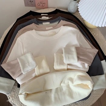 양털 안감 두꺼운 따뜻한 라운드 넥 드론 보터밍 셔츠, 이너웨어, 서양식 뷔스티에 상의, 올 매칭 긴팔 셔츠, 가을 및 겨울 상품