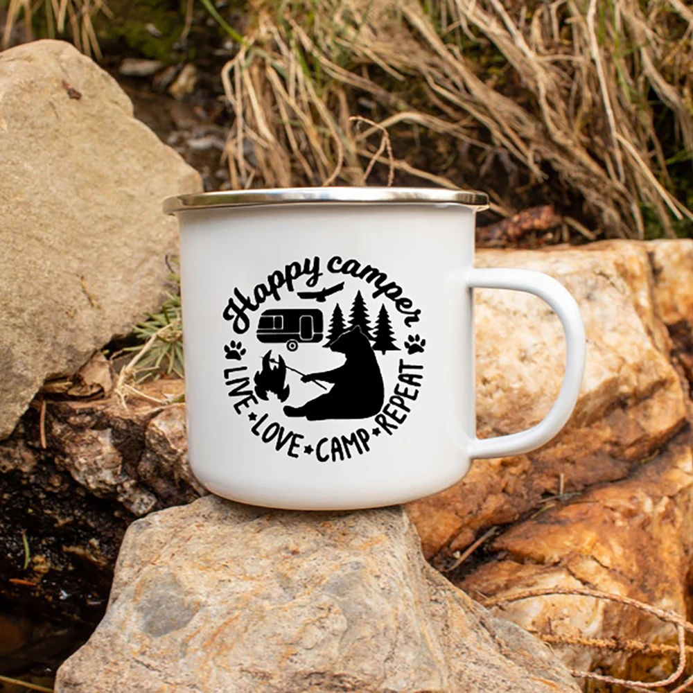 

Happy Camper Creative Enamel Coffee Mugs Travel Adventurer Party Wine Beer Drink Juice Cup Outdoor Campers Water Mug Hiking Gift