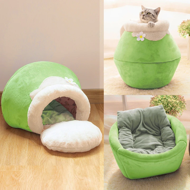 S, Brown Multicolour Foldable Machine Washable Cat Bed Cave Non-Slip Soft Warm Pet Rabbit House Sofa with Detachable Cushion ANPI 2 in 1 Dog House Cat Igloo 3 Sizes