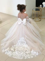 Robe de fille de fleur avec broderie de dentelle et robe de train traînante pour enfants à manches longues en tulle 5