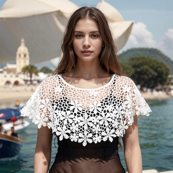 Sciarpa di protezione solare estiva da donna in puro colore floreale con scialle in pizzo cavo lavorato a maglia alla moda Poncho decorato da donna elegante 1