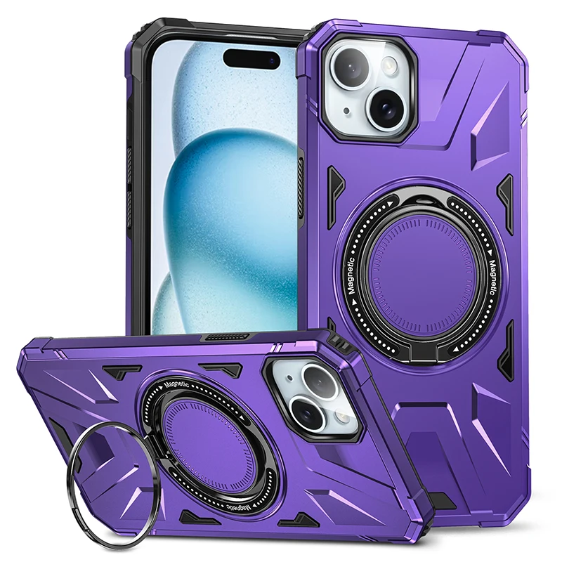 

Armor Charging Magnetic Case For iPhone 15 Pro MAX 14 Plus 13 12 11 Shockproof Car Holder Metal Ring Kickstand Phone Back Cover