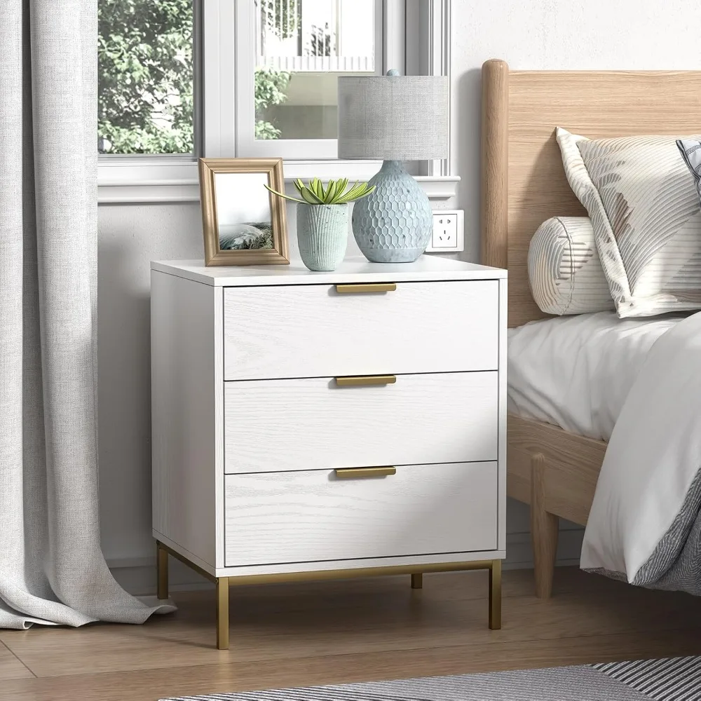 Nightstand with 3 Drawers, Modern Wood Night Stand with Storage Drawers, White Bedside Table Sofa End Side Table for Bed