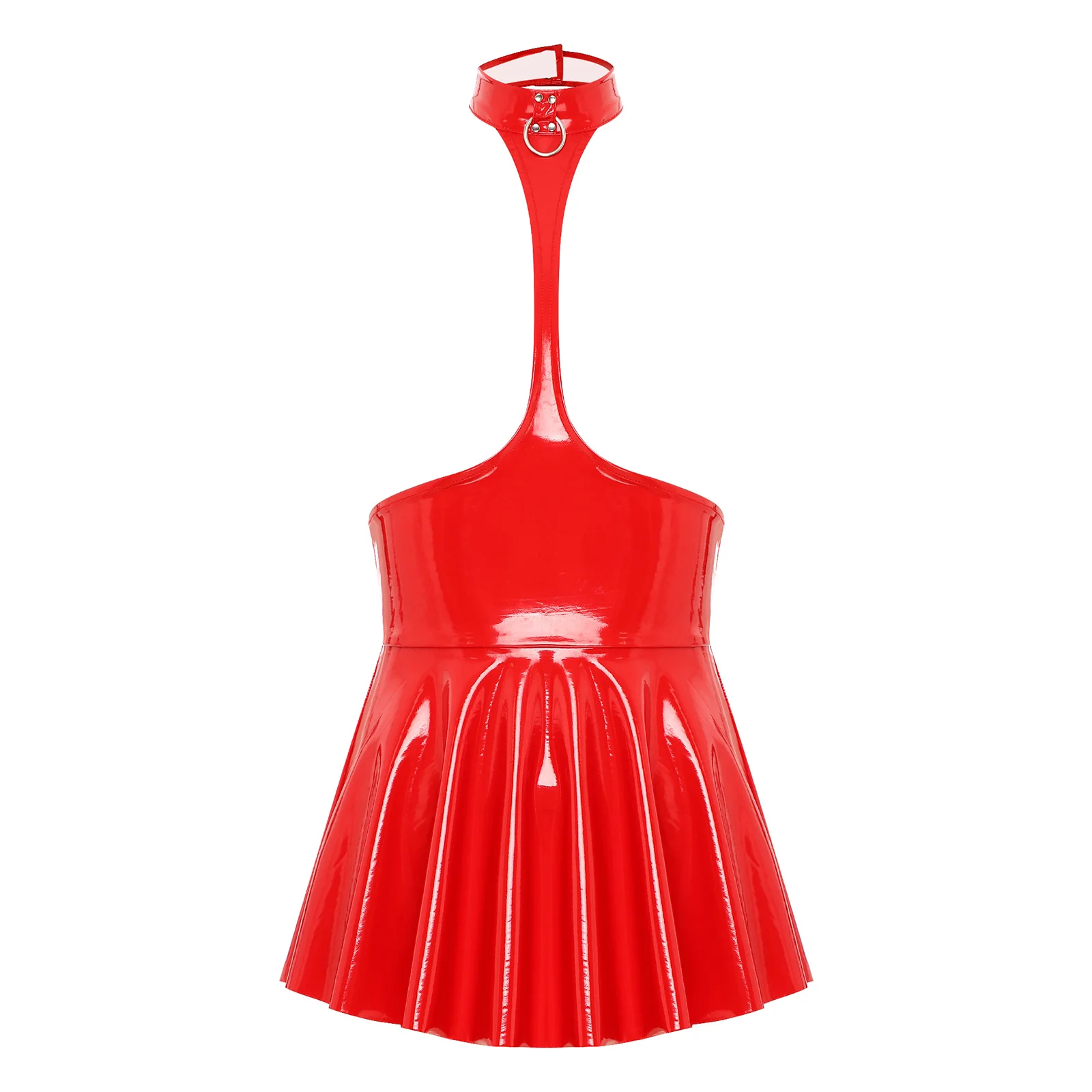 Womens Shiny Metallic Faux Leather Hollow Out Halter Backless Mini Skater Dress Wet Look Pleated A Line Skirt Party Clubwear