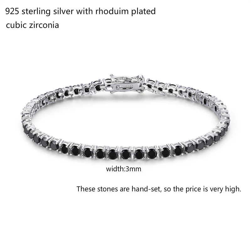 3mm 925 Sterling Silver Cluster Round Black Cz Ziron Tennis
