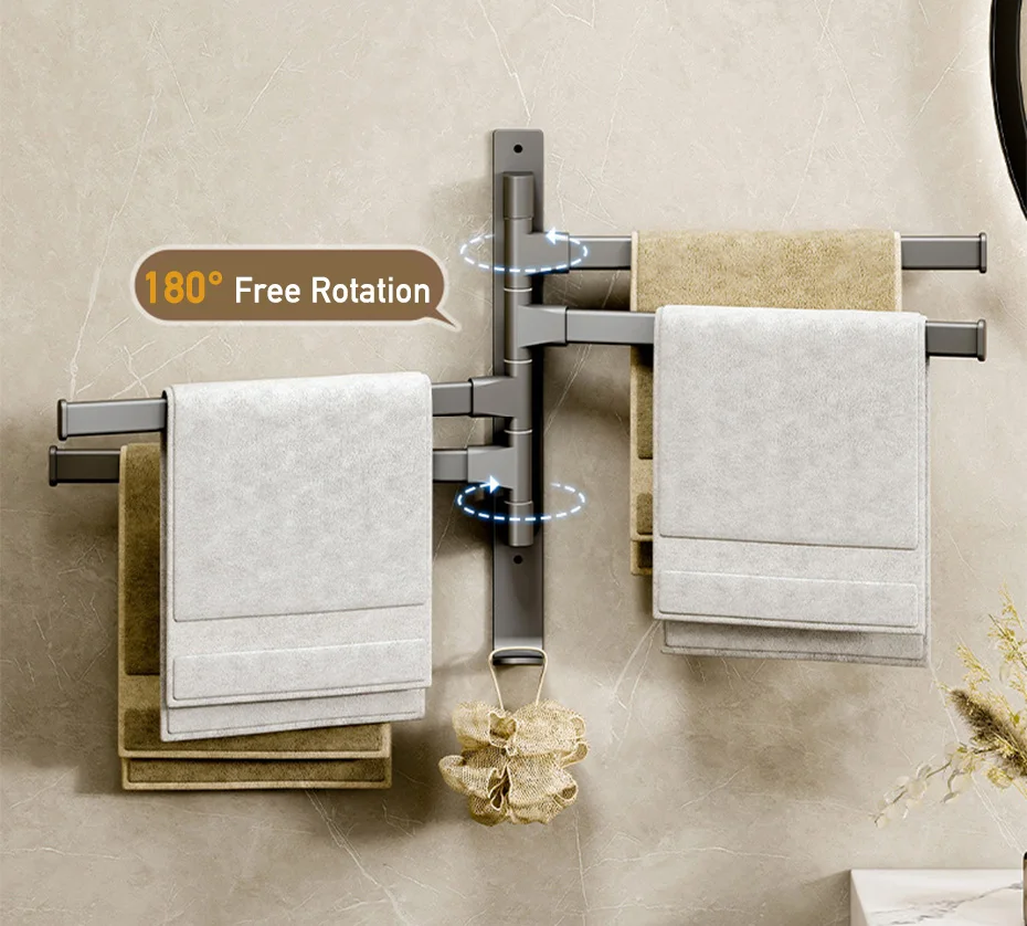 Description Picture 2 of itemBathroom Swivel Towel Rack Rotatable 180° Wall Mount without Drilling 2/3/4/5-Bar Towel Hanger Shower Room Kitchen Towel Hanging