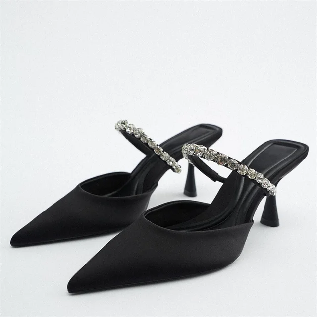 2022 Black Rhinestones Heeled Mules Pump Women Elegant Sparkly Sandals  Summer Slippers Woman Sexy High Heels Slingbacks - Pumps - AliExpress