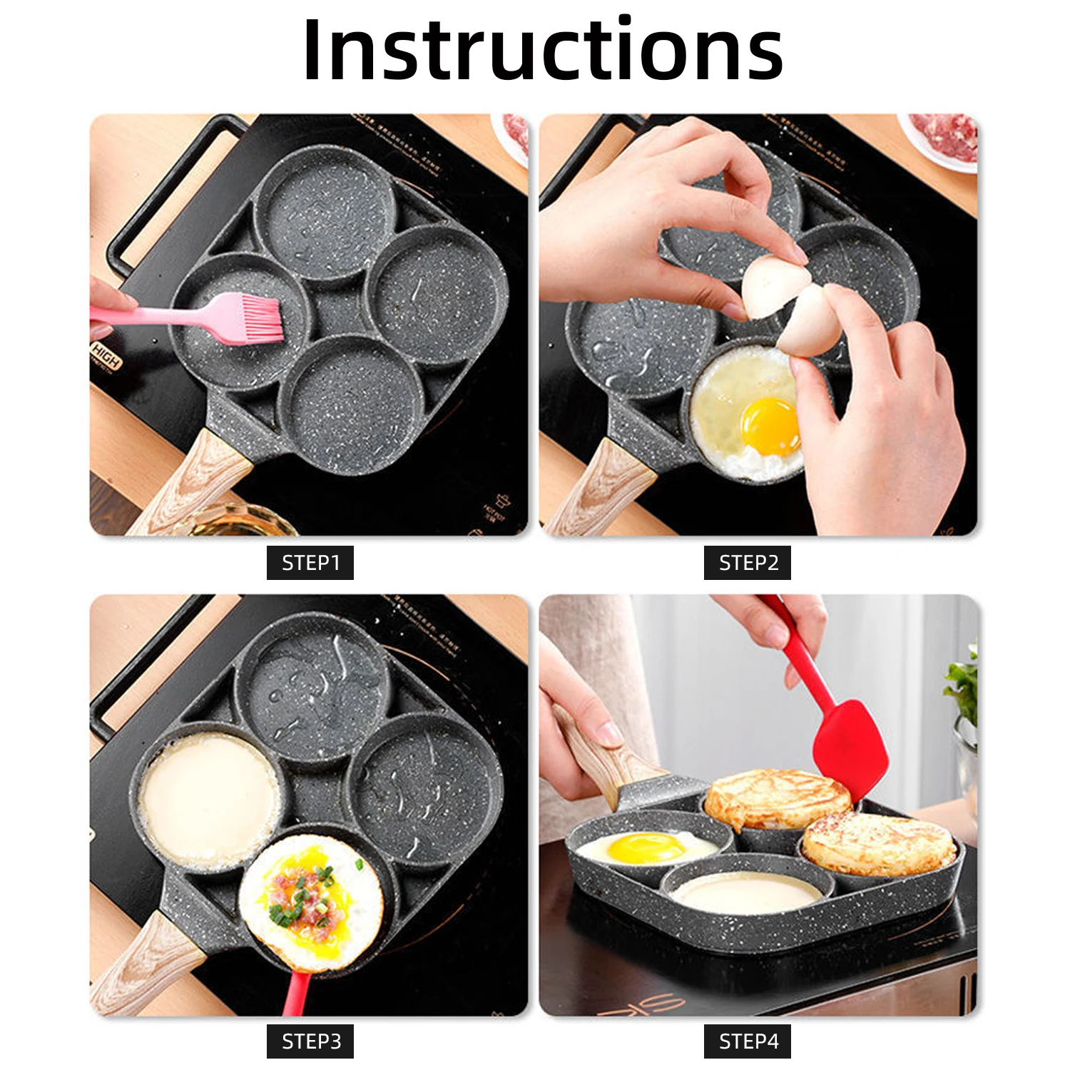 4 Holes Frying Pot Pan Black Thickened Kitchen Omelet Non-Stick Egg Poacher Pancake Crepe Steak Cooking Ham Breakfast Maker