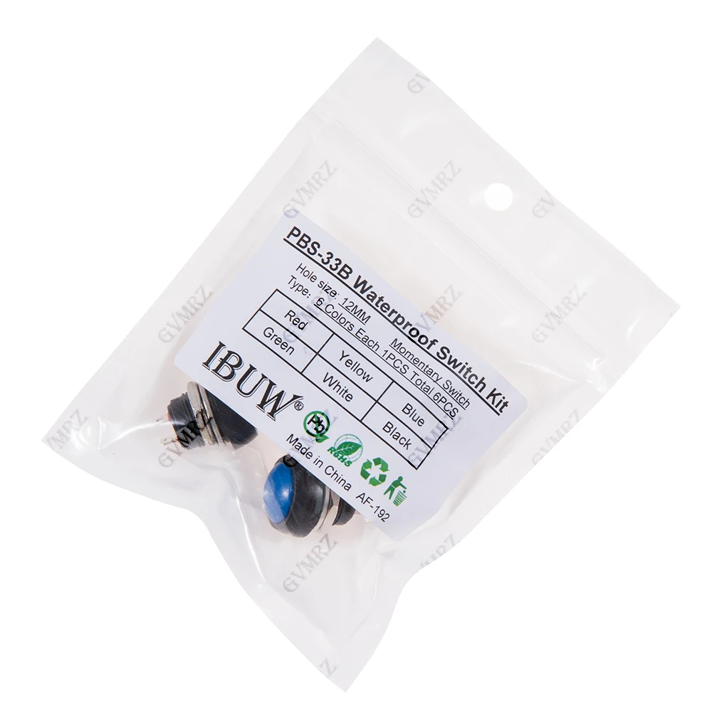 6PCS 미니 12mm 방수 PBS-33B 키트 순간 ON/OFF 푸시 버튼 라운드 스위치 화이트 블랙 레드 옐로우 블루 그린