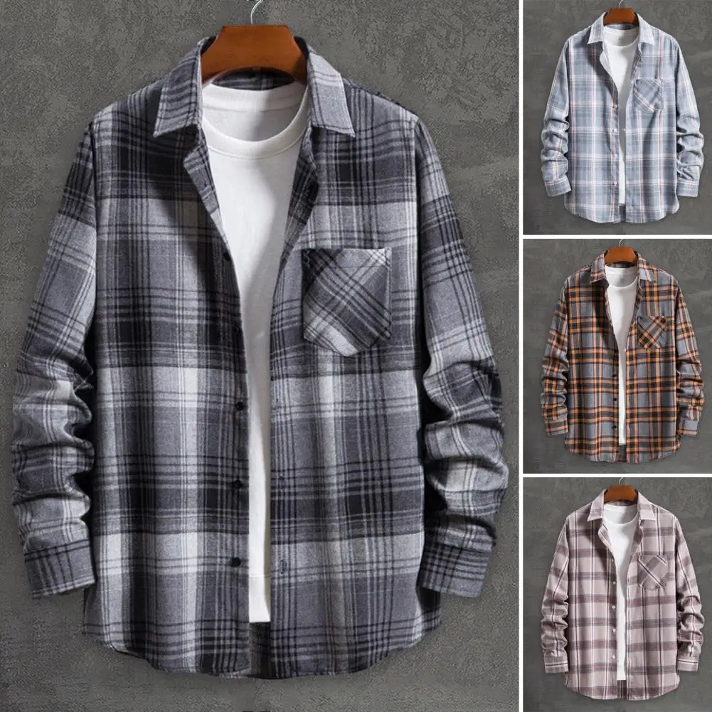 

Lapel Shirt Coat Plaid Print Men's Cardigan Stylish Mid-length Shirt Coat with Turn-down Collar Single-breasted Design Loose Fit