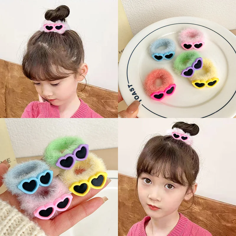 

2Pcs/set Candy Color Elastic Hair Bands for Girls Children Cute Plush Glasses Ponytail Holder Hair Ring Rope Hairband Kids Gift