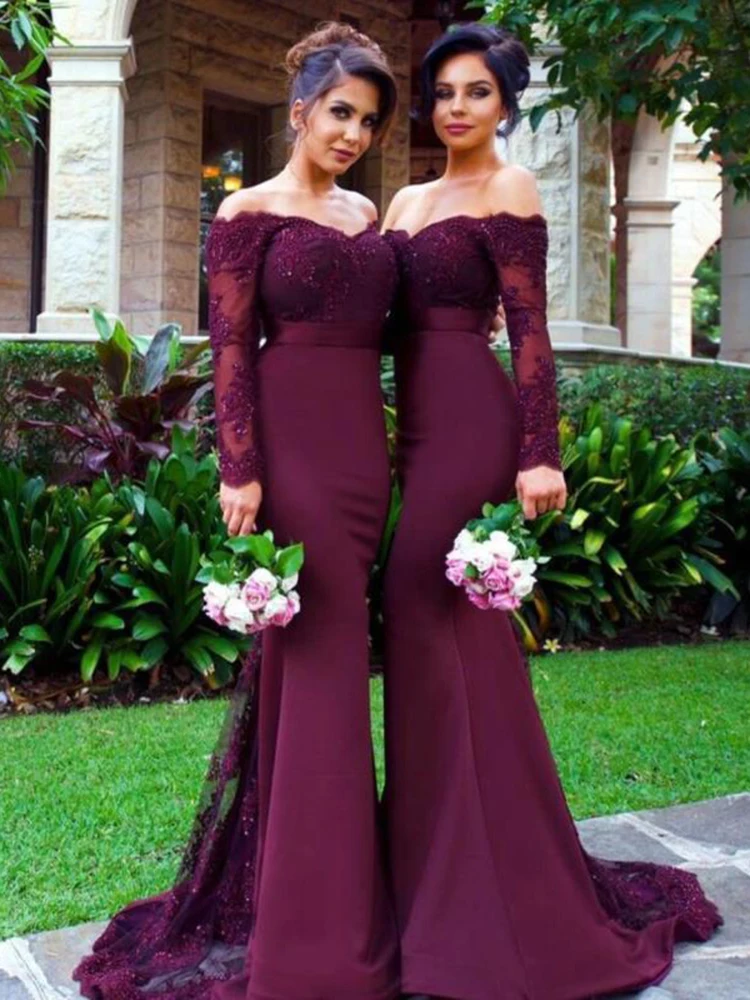 

Burgundy Mermaid Women Bridesmaid Dresses Lace Long Sleeves Wedding Party Gowns Dama de honra vestido feminino