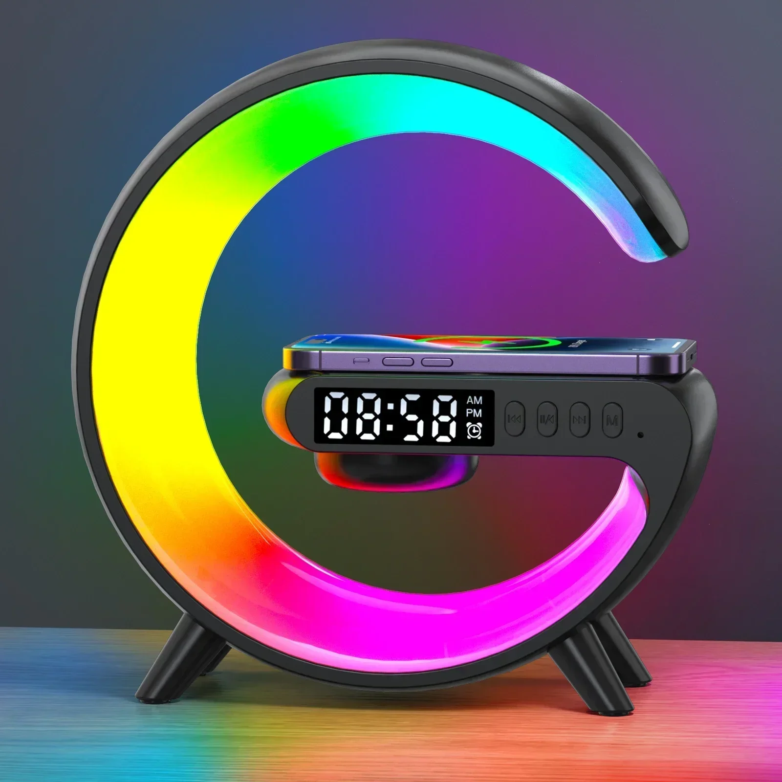 Soporte de cargador inalámbrico multifunción, altavoz despertador con luz RGB para iPhone, Samsung, Xiaomi, Mini estación de carga rápida