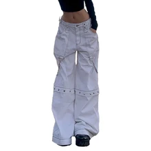 

Rivet Chain Cargo Jeans Fashion Casual Bright Line Hip Hop Loose Pant Women White Straight Slimming Wide Leg Trousers Streetwear