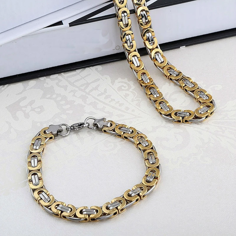 8mm Set Jewelry High Quality Polished Necklace Bracelet for Men Women Flat Byzantine Chain Stainless Steel Set Jewelry