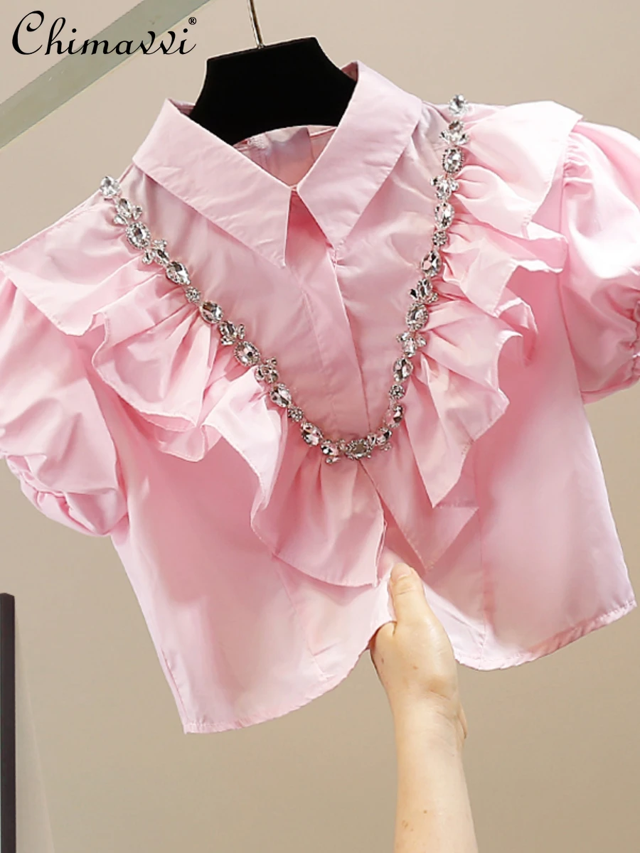 

Тяжелая короткая рубашка с алмазными деревянными ушками, однобортная летняя новая милая модная облегающая Элегантная блузка, Женский Топ