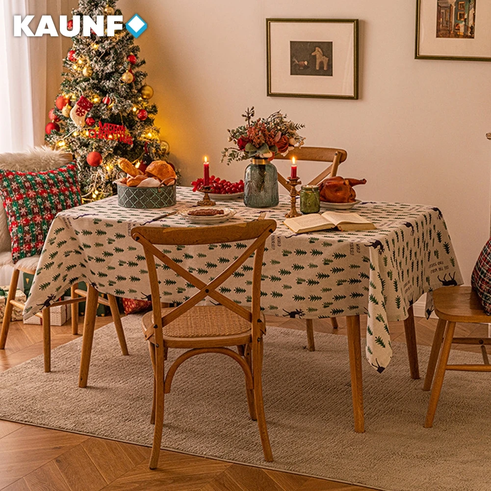 

KAUNFO Merry Christmas Santa Claus Tree Tablecloths for Party Table Cloth Cover Dinner Table Decoration 1PC